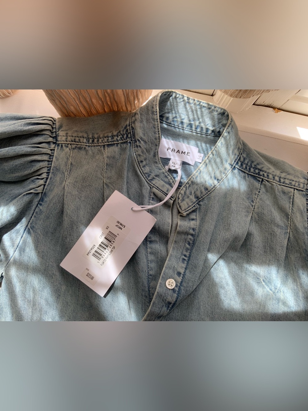 FRAME Pleated Puff Sleeve Denim Shirt | Light Wash | NWT | Size XS - Picture 3 of 6